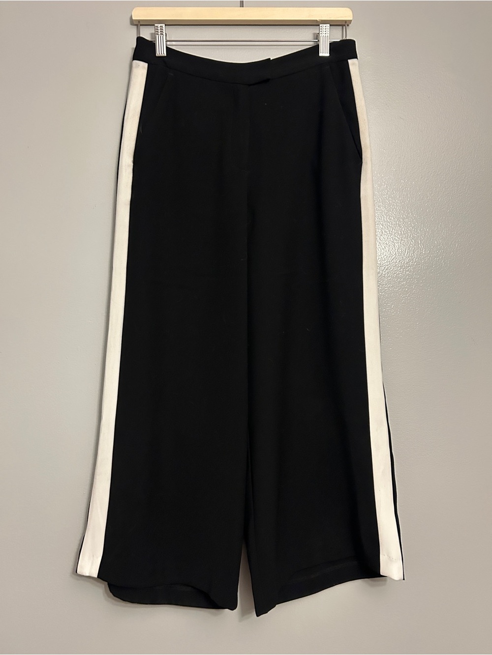 Michael Kors Black Wide-Leg Cropped Pants with White Side Stripes
